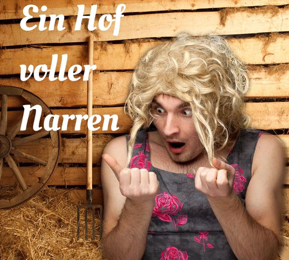 Ein Mann in Frauenkleidern steht in einer Scheune und schaut entsetzt auf seine schmutzigen Fingernägel. Dazu der Titel: "Ein Hof voller Narren"