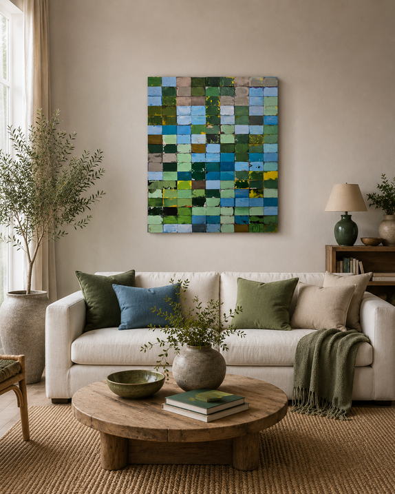 Abstract bos schilderij in kubistische stijl met groene tinten voor een modern interieur