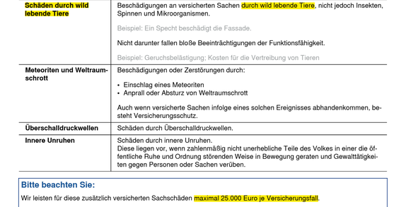 Allianz Tarif Komfort leistet bis 25.000 EUR je Versicherungsfall bei Schäden durch wild lebende Tiere