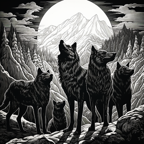 Eine schwarz-weiss Illustration von fünf Wölfen die auf einem Fels stehen im Hintergrund ist ein grosser Mond zu sehen umgeben von Wolken, ebenso sieht man grosse Bäume