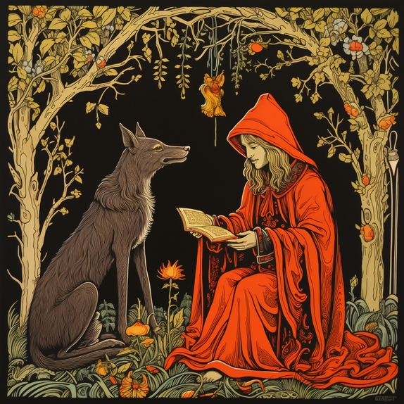 Frau in rotem Umhang liest einem Wolf vor umgeben von Bäumen, Ranken und Blumen, im Stil der esoterischen Ikonographie, detailreicher Jugendstil, naturalistische Darstellungen von Flora und Fauna, helles Schwarz und Orange, Wandmalerei