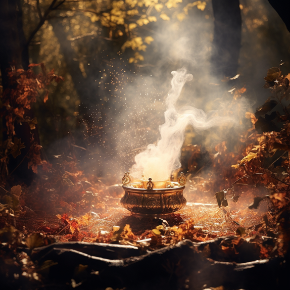 In einem herbstlichen Wald mit goldenem Licht steht ein Kupfer Topf mit Verzierungen, aus dem Topf steigt ein mystischer weisser Rauch auf, umgeben von fliegenden Partikeln