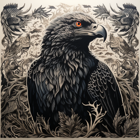 Eine Illustration eines stolzen Adlers mit roten Augen, er ist umgeben von Pflanzen und floralen Dekorationen, die Augen sind rot und der Rest ist in grau, schwarz und beige-Tönen gehalten