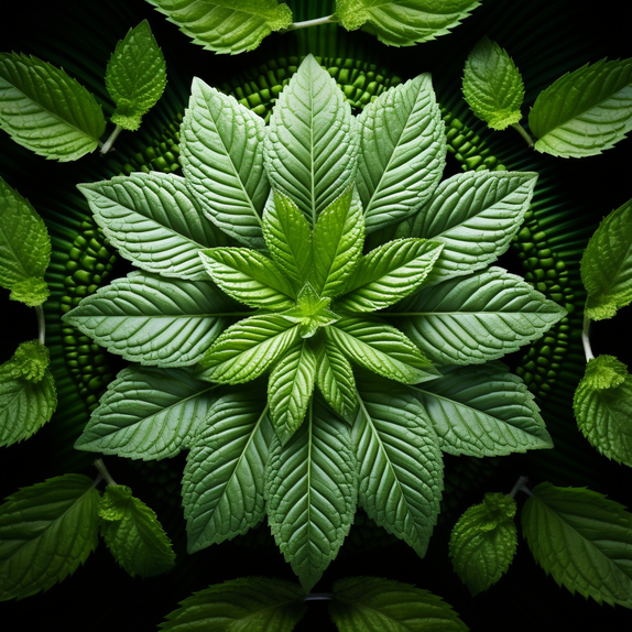 Grüne Pfefferminzblätter im Kreis angeordnet, im Stil auffälliger symmetrischer Muster, realistisches Stillleben mit dramatischer Beleuchtung, mattes Foto, Blumen- und Naturmotive, Neon- und Fluoreszenzlicht