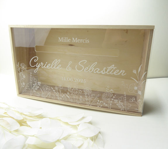 Boite à enveloppe urne de mariage en bois et plexiglas transparent personnalisable  avec des fleurs champêtre