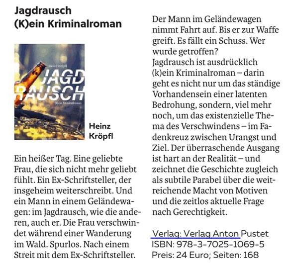 Jadrausch (K)ein Kriminalroman Heinz Kröpfl Verlag Anton Pustet Buchvorstellung Rezension Salzburger Woche Pinzgauer Nachrichten 1. Februar 2024