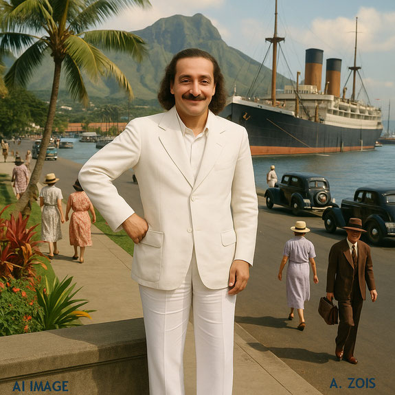 This is a AI produced image depicting Meher Baba in Honolulu, Hawaii, based on Baba's photo taken in Nanking, China later that month in 1932. Image produced by Anthony Zois.