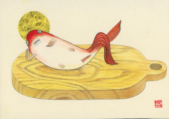 『まな板に鯉』SMサイズ　日本画