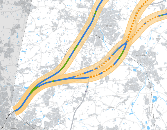 Abb. 1: Trassenkorridore nördlich von Bielefeld (Quelle: https://www.hannover-bielefeld.de/anregen)