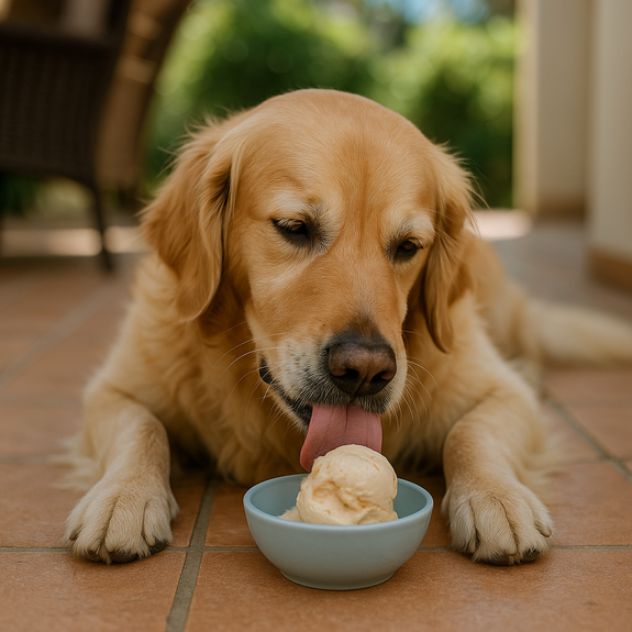 Golden Retriever liegt auf einer schattigen Terrasse und leckt an einer Eiskugel in einer kleinen blauen Schüssel