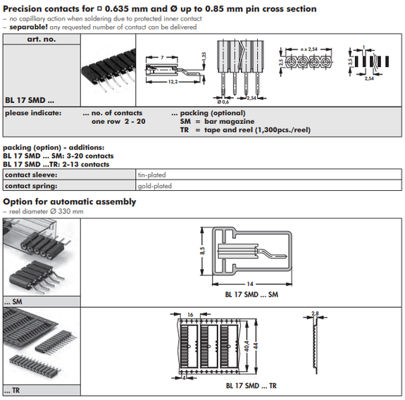 BL 17 SMD   表面実装用連結ソケット2.54mmピッチ ライトアングル