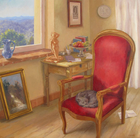 Tony Wahlander (Wåhlander) Interieur: Chat dormant sur un fauteuil de velour rouge à dossier arrondi des objets forment une naure morte sur une table et à travers une fenêtre on découvre un paysage.