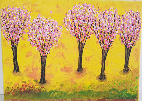 Acrylbild blühende Obstbäume in den Farben Gelb, Rot, Rose, Perlweiß, Orange, Braun, Grün, Schwarz