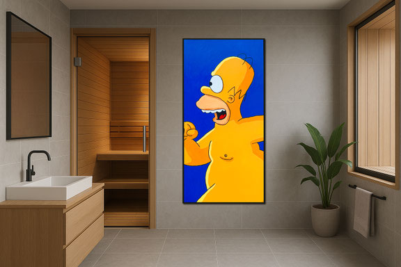 Bad mit Sauna – Das ultimative Spa-Gefühl: Dieses Werk ist die Krönung für jeden Wellnessbereich. Es spiegelt die Entspannung des Saunagangs wider und setzt einen kräftigen, modernen Farbakzent in Ihrer privaten Wohlfühloase.