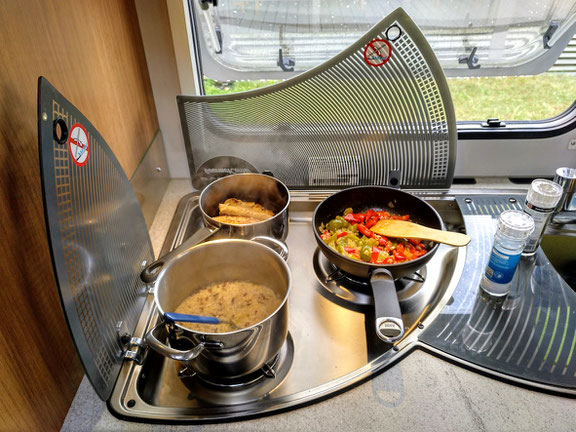 hinten links aufgetautes Hühnchen, vorn Basmati-Reis und in der Pfanne frisches Paprikagemüse