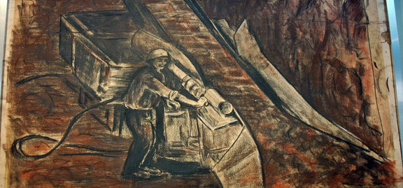 convoyeur remontant la bauxite à l'aide de la bande transporteuse. Détail d'un dessin de M.Villa musée des Gueules Rouges Tourves