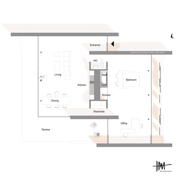 Modern room divider house floor plan by Heidi Mergl Architect open plan living