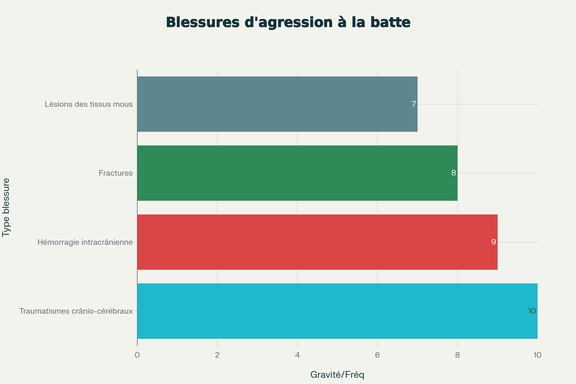 Types de blessures les plus courantes lors d'agressions à la batte de baseball, classées par niveau de gravité et de fréquence