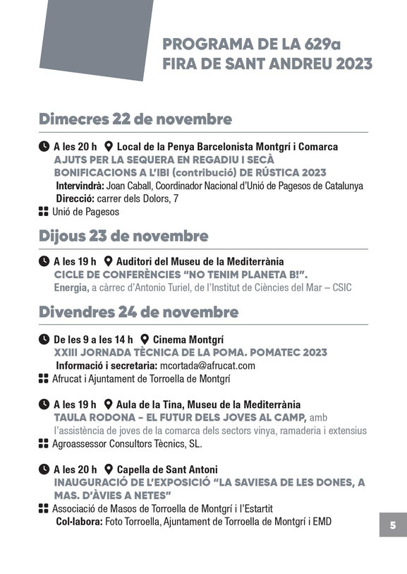 Programa de la Fira de Sant Andreu en Torroella de Montgri