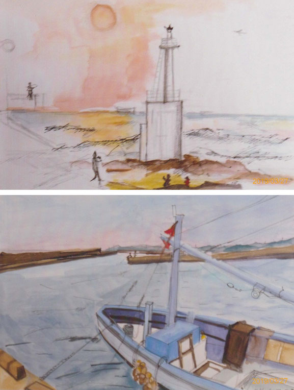 上：原田さん　灯台　下：原田さん　大洗漁港
