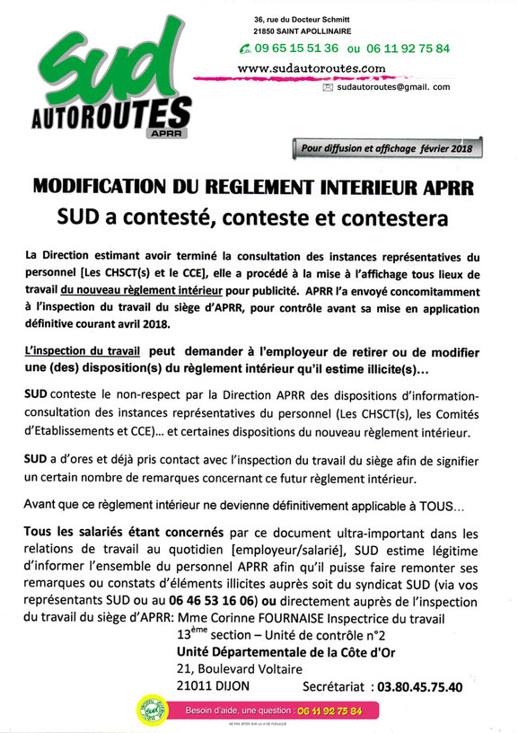 SUD Autoroutes APRR tract règlement intérieur