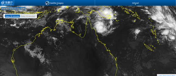 Satellite image of developing TC Tiffani off the Queensland coast (09/01/2022 10AM). Image from JMA