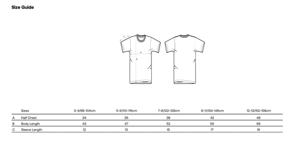 Größentabelle für Rhoihesse Kinder-Shirts mit Angaben zu Körpergröße, Brustweite und Shirtlänge