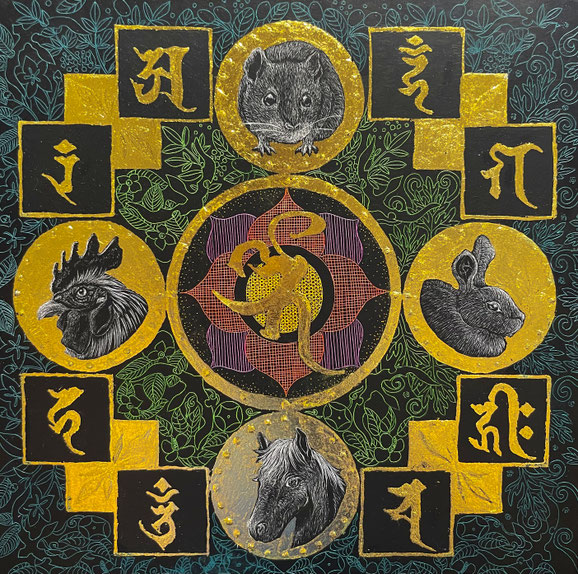 「薬師如来曼荼羅〜日〜」スクラッチ、箔 190×190mm ￥154,000（税込）