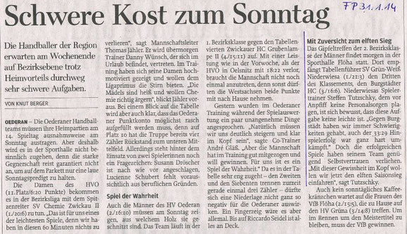 Ankündigung des Spiels in der Freien Presse vom 31.01.2014