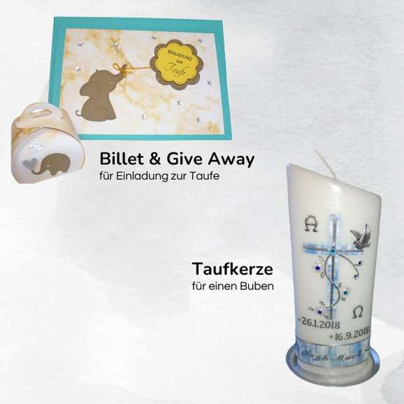 Billet und Give Away für Einladung zur Taufe. Taufkerze für einen Buben.