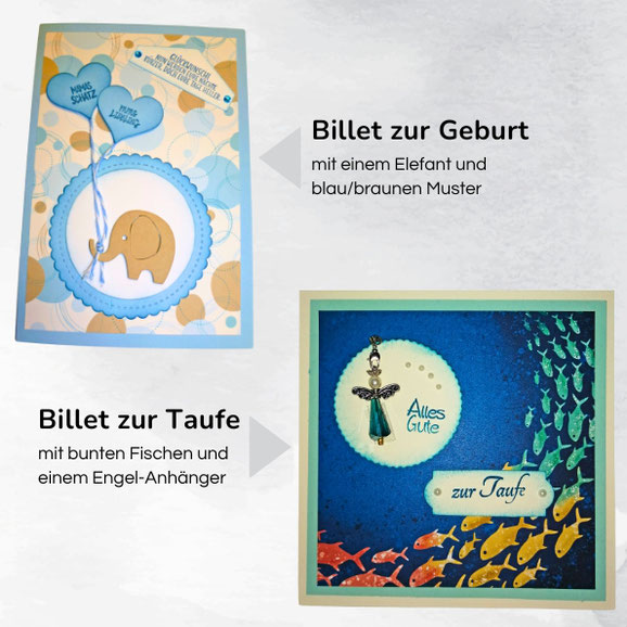 Billet zur Geburt mit einem Elefant und blau/braunen Muster. Billet zur Taufe mit bunten Fischen und einem Engel-Anhänger.