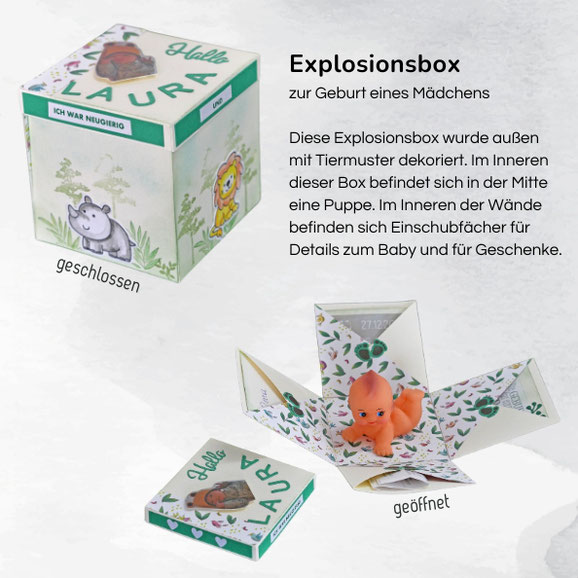 Explosionsbox zur Geburt eines Mädchens. Diese Explosionsbox wurde außen mit Tiermuster dekoriert. Im Inneren dieser Box befindet sich in der Mitte eine Puppe. Im Inneren der Wände befinden sich Einschubfächer für Details zum Baby und für Geschenke.