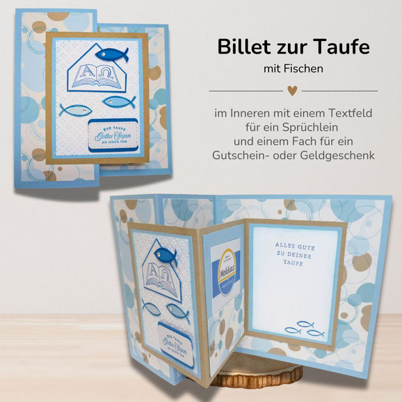 Billet zur Taufe mit Fischen. Im Inneren des Billet befindet sich ein Textfeld für einen Spruch und ein Fach für ein Geldgeschenk.