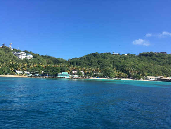 Mustique - pohľad z lode. Blížime sa. To je ten ostrov, kde dovolenkuje anglická kráľovská rodina.