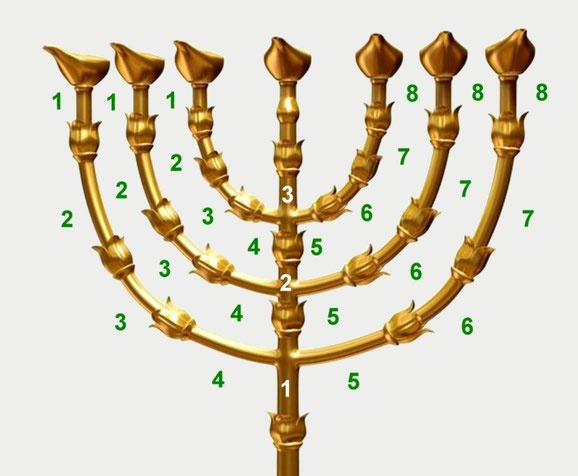 Menora, goldene Leuchter, 27 Verbindungen, Israel siebenarmig, sieben, Mandelblüten