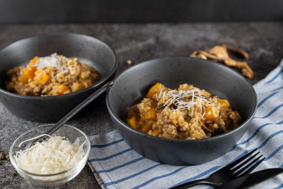 Kürbis-Steinpilz-Risotto aus dem Dampfgarer.