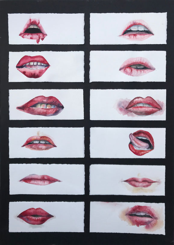 Bocas Traficadas, 2017, acuarela sobre papel, 8,5x21,5 cm. c/u