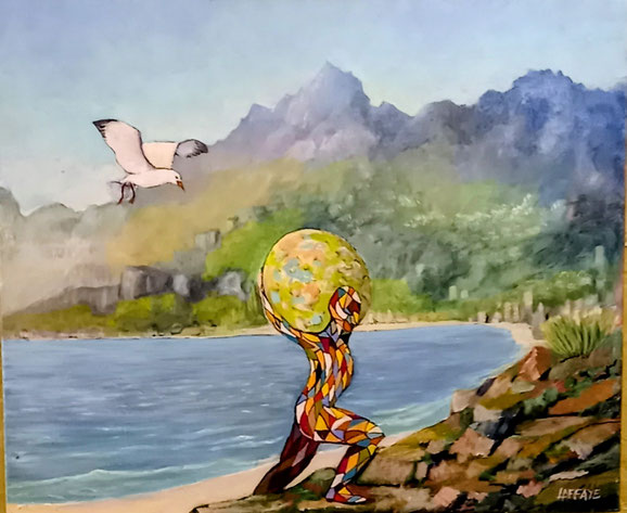 Arlequin porteur de lumière. Acryl. sur toile. 50 X 50 cm. Disponible. 250€.