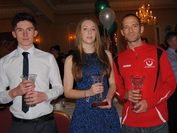 Garry Campbell (Dunleer AC - Boys), Rebecca Carr (Blackrock AC - Girls) and Mark O'Shea (Drogheda & District AC - Senior) after being presented with the 2014 Louth Athlete of the Year Awards by Athletics Leinster.