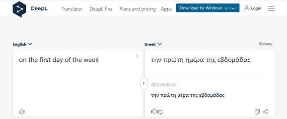 first day week english greek translation πρώτη της εβδομάδας