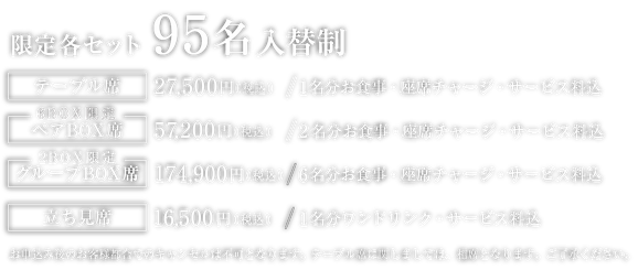 テーブル席は27,500円(税込)※1名分お食事・座席チャージ・サービス料込。ペアBOX席は57,200円(税込)、2名分お食事・座席チャージ・サービス料込。グループBOX席は174,900円(税込)、6名分お食事・座席チャージ・サービス料込。立ち見席は16,500円(税込)、1名分ワンドリンク・サービス料込。