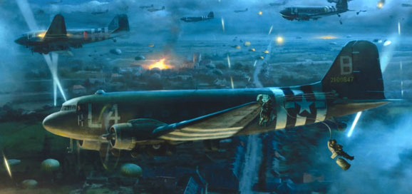 ”Into the Night”: Matt Hall’s illustration depicts Douglas C-47s of Troop Carrier Command dropping paratroopers over Normandy on D-Day 6 June 1944.