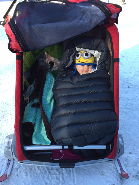 Baby in MEC Stroller bag in Thule Chariot