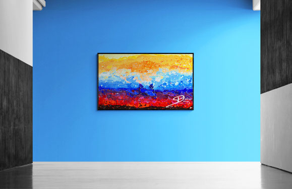 Sarah Esslinger-Dahlmann, Lichtverlauf - Streuung des Lichts (Thema Sonnenaufgang/-untergang), 2016, 140 x 80 cm, Acrylfarbe, Mischtechnik auf Leinwand, abstraktes, kraftvolles, farbintensives Werk, Farbverlauf von Gelb über Blau zu Rot, Schwarz, Galerie