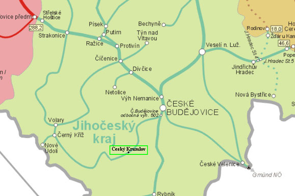 Situación de Český Krumlov - Líneas ferroviarias de la región Bohemia Meridional