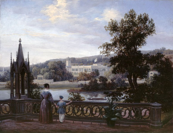 Carl Daniel Freidanck: Blick von Schloß Babelsber auf Schloß Glienicke, Öl auf Leinwand, 1838, SPSG