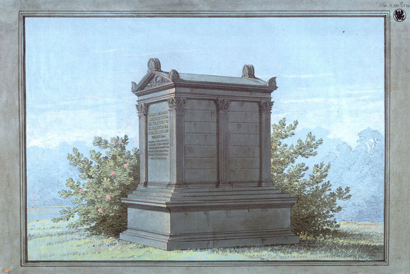 Karl Friedrich Schinkel: Entwurf zum Grabmal der Familie von Klinggräff, um 1815, Gouache, Feder in Schwarz, über Vorzeichnung mit Zirkel © Kupferstichkabinett, Staatliche Museen zu Berlin, Preußischer Kulturbesitz