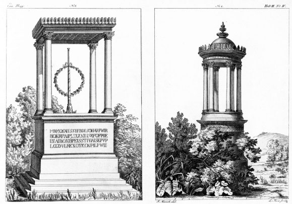 Tafel mit Grabmal von Sack (links) und dem Grabmal Roestel (rechts), Magazin von Abbildungen der Gusswaren aus der Königlichen Eisengießerei zu Berlin, Heft 3, Berlin 1819, Taf. 4