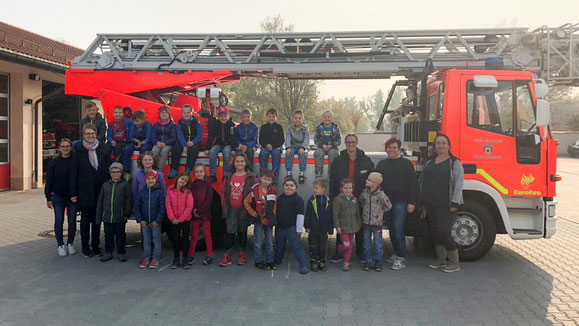 Feuerwehr KIDS Iggensbach vor der Drehleiter der Feuerwehr Deggendorf. Von links die Betreuerinnen: Stefanie Schmid und Ramona Zitzelsberger. Von rechts die Betreuerinnen: Laura Eckmüller, Thea Zellner und Judith Rothenwöhrer (FF Deg). Bernd App (FF Deg) 