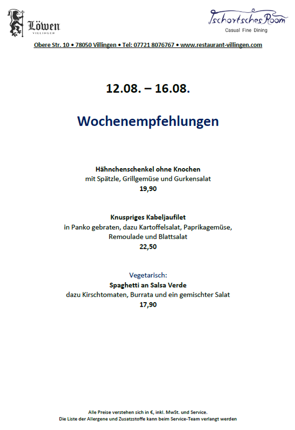 Mittagstisch Lunch Villlingen Gasthaus Löwen Tschortsches Room Mittagessen Restaurant Tagesessen Innenstadt